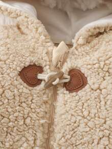 1pc Newborn Baby Hooded White Plush Fabric, Reversible Zipper & Button Design, Cute Bear Style, Long Sleeve Footed Jumpsuit, Comfortable For Infant - Khaki - View 5