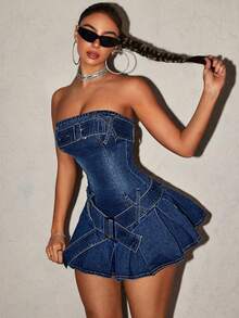 ICON Vestido de mezclilla sin tirantes para mujer con pliegues lavados de ajuste delgado y mini longitud para verano - Negro - Ver 7