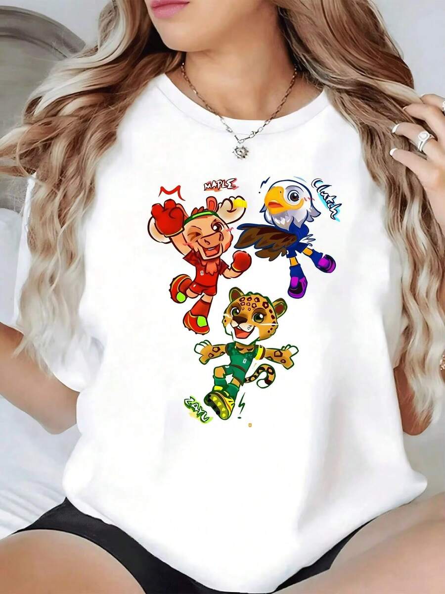 Oversized T-Shirt With Sports Mascot Print, Short Sleeve, Casual, Youth Fashion, Streetwear Style, Japanese Graphic, Summer Novelty Aesthetic - 白色 - 查看 1