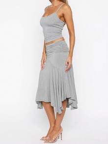 Women's Fashionable And Elegant 2 Pieces Set, Camisole Top Paired With Elastic Waist Asymmetric Hem Skirt, Spring/Summer - Grey - View 2