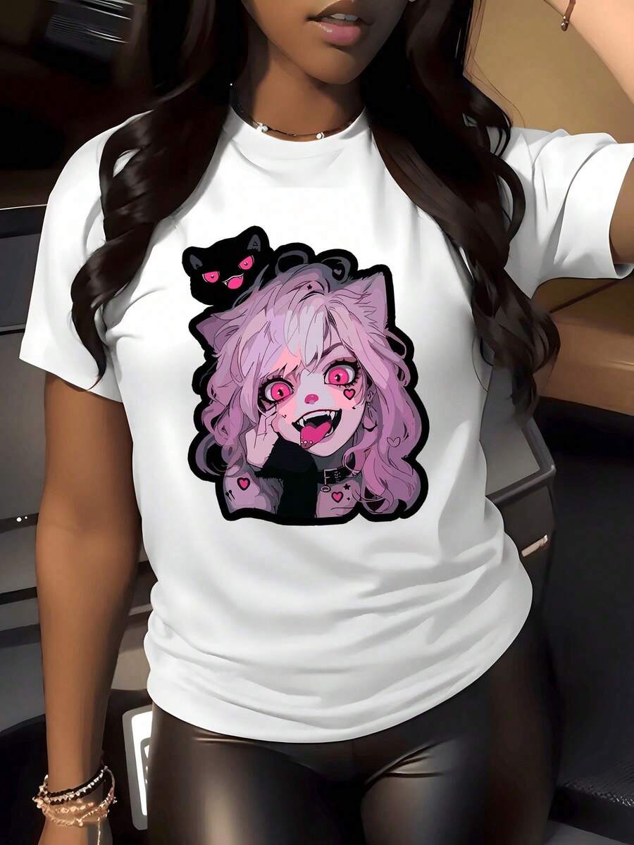 1 pieza de camiseta con estampado gráfico de anime de chica gato, 180g, tema de pelo rosa, para mujer, estilo casual, cuello redondo, 100% algodón, estilo estético Harajuku. - Blanco - Ver 1