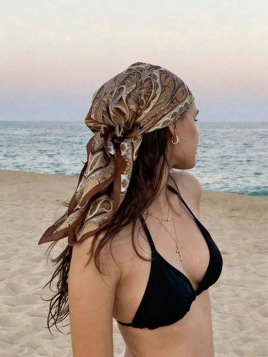 1 pieza Pañuelo cuadrado estampado de moda de 70cm, estilo marrón, se puede usar como pañuelo para la cabeza, cinturón, correa decorativa para bolso o accesorio - Multicolor - Ver 1