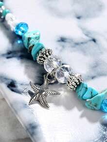 2pcs/Set Bohemian Starfish Pendant Beaded Anklets, Turquoise Shell Stone Layered Women's Foot Jewelry, Summer Beach Vacation Accessories (Random Arrangement Of Crushed Stone And Rice Beads) - Multicolor - View 4