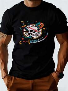 diseño de calavera pirata + eslogan de estilo náutico, camiseta para adulto con diseño de ancla náutica, manga corta, camiseta de moda para hombre, versátil para uso diario - Negro - Ver 4
