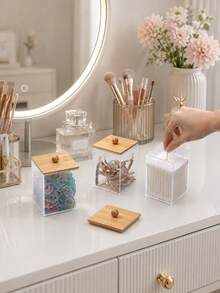 Bathroom Vanity Storage Set, Including A Transparent Cotton Swab Holder, Cotton Pad Storage Box, And Makeup Sponge Container. Transparent Countertop Storage, Suitable For Bathroom And Vanity Use. - Multicolor - View 6