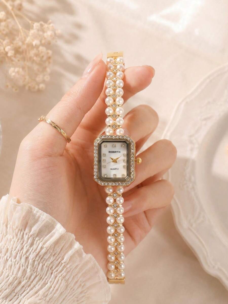 1件女款休閒奢華百搭極簡方形石英手錶,適合日常配戴 - 金色 - 查看 1