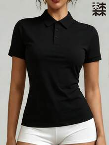 mulinsen 女款運動POLO衫T恤，純色休閒薄款短袖上衣，輕量冰絲透氣POLO領短袖，時尚鈕扣POLO領設計，適合戶外休閒、女款高爾夫服飾、女款網球服、馬術騎乘上衣 - 黑色 - 查看 5