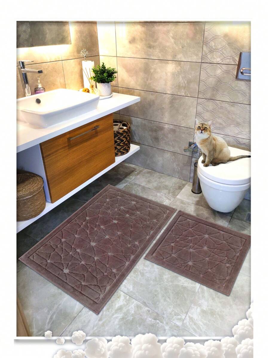 Cotton Woven Absorbent Bath Mat Set, Glass Pattern Bathroom Rug Set 60x100 Cm - 60x50 Cm