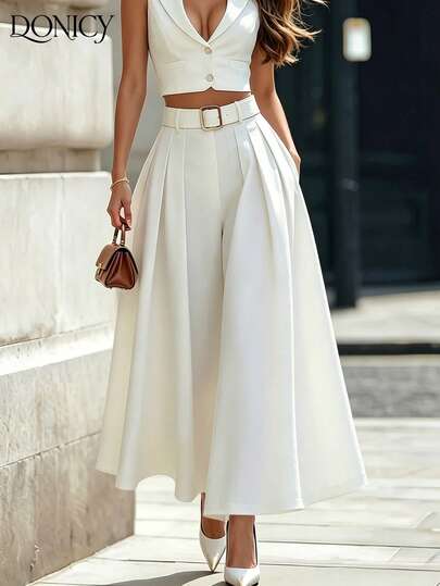 DONICY Women's Elegant High-Waisted White Pleated Wide-Leg Pants, Front Button Fitted Suit Pants, Suitable For Office Work And Casual Daily Wear