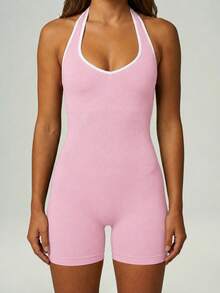 UONNOU Halter Neck Open Back Romper For Women, Contrast Trim Tummy Control Slim Sports Bodysuit - Pink - View 6