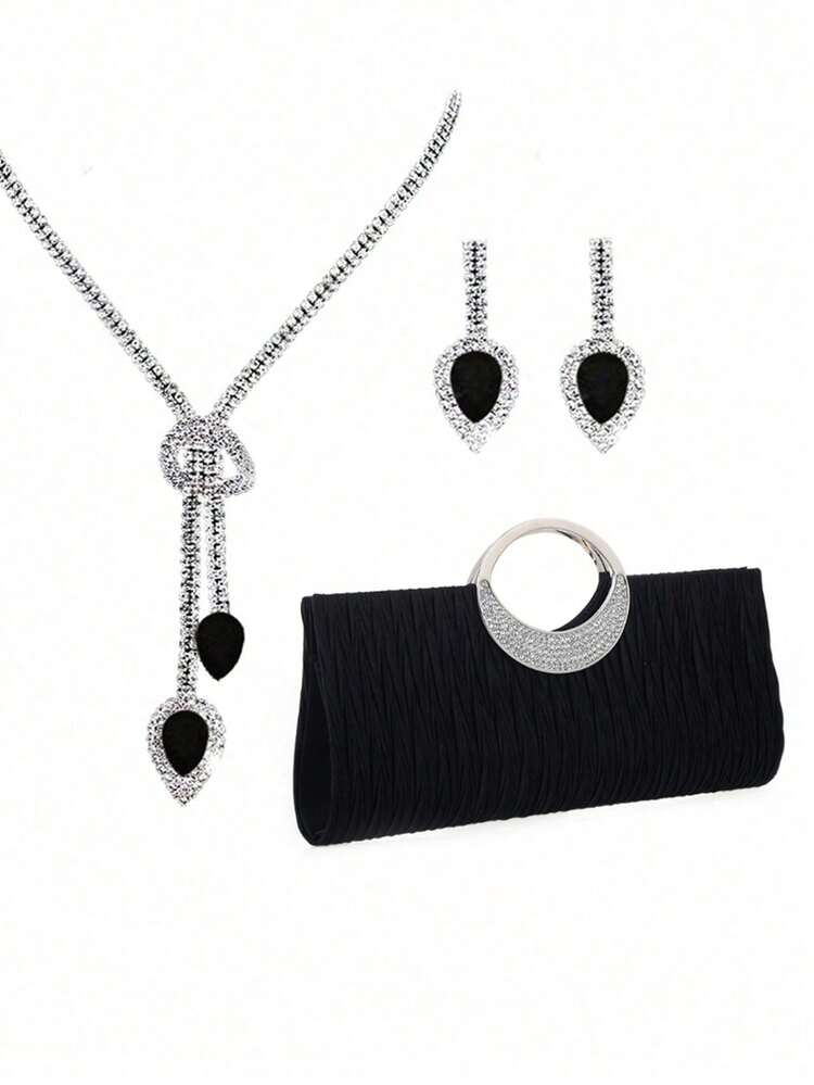 Bolso de mano elegante y lujoso para mujer con cadena de diamantes de imitació, bolso de mano, bolso de hombro, bolso de noche, juego de piezas con collar y pendientes de diamantes de imi - Negro - Añade 2
