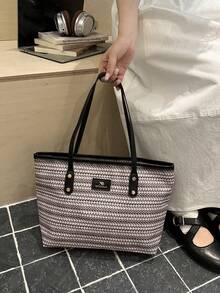 2026新款女款波點蝴蝶結印花大容量休閒單肩手提腋下托特包 - 黑色 - 查看 2