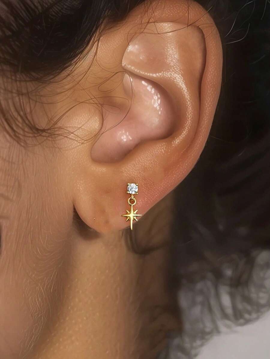 1 Pair S925 Sterling Silver Minimalist Star Stud Earrings, Delicate Versatile Design Earrings For Women - Starlight - View 1