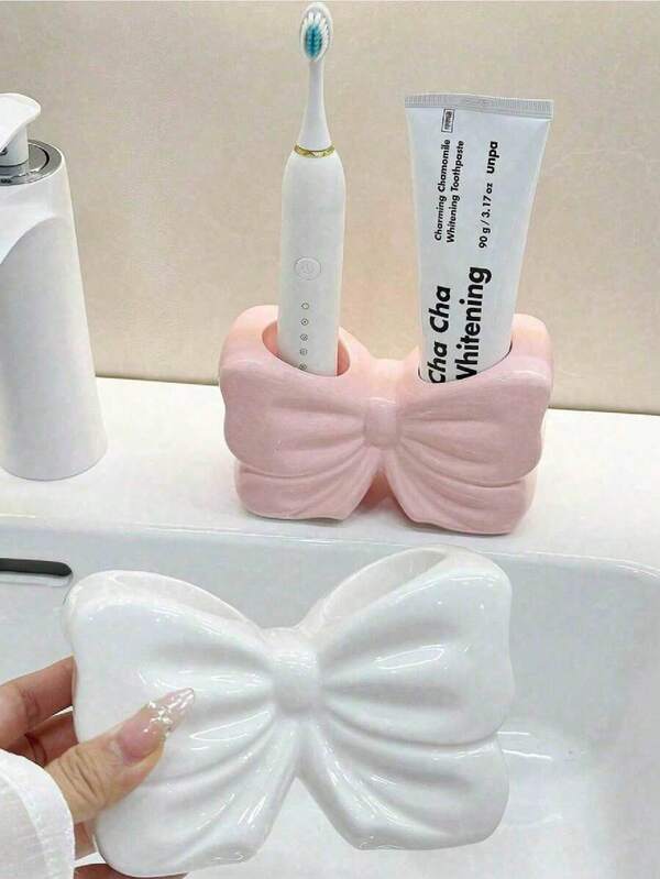 1pc Nordic Style Asymmetric Bow Toothbrush Holder, Electric Toothbrush Stand, Cosmetic Storage Rack, Toothbrush Organizer, Home Desktop Decor, Beautiful Room Decoration, Home Decor, Space-Saving Storage Organizer, Kitchen, Bathroom, Bedroom Accessories, Home Bathroom Decor, Summer