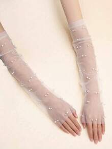 1 par de guantes de novia de tul blanco sin dedos hasta el codo con perlas falsas, adecuados para bodas - Blanco - Ver 2