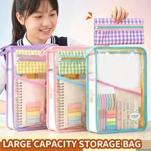 HUAJIE L-Shaped Wide Opening Mesh File Storage Bag With Detachable Plaid Pen Pouch, Large Capacity A4 Paper Document Organizer Tote Bag For Students, School And Office Stationery Storage - Single Piece - View 1