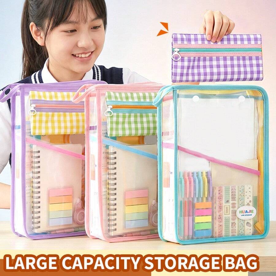 HUAJIE L-Shaped Wide Opening Mesh File Storage Bag With Detachable Plaid Pen Pouch, Large Capacity A4 Paper Document Organizer Tote Bag For Students, School And Office Stationery Storage - Single Piece - View 1