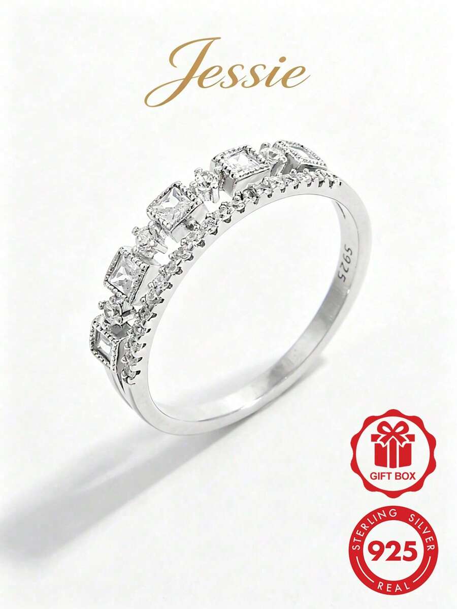 Jessie Jewelry 1 Stück luxuriöser und glamouröser glänzender vintage 925 Silber Kubikzirkonia Kronen-Design Doppelring, elegantes Geschenk für Frauen zum Tragen an Dates, Partys und im Alltag - Silber - Übersicht 1