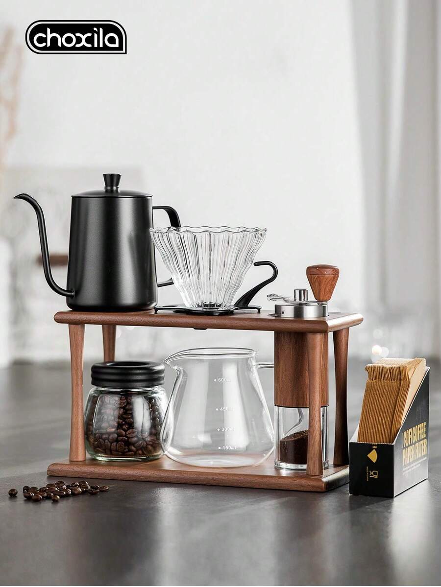 choxila 1pc/7pcs Coffee Storage Set, Including:600ml Coffee Pot, Glass Filter Cup, Glass Sharing Pot,100 Coffee Filter Paper, Hand Bean Grinder, Glass Bean Can,Multi-Functional Stand, Perfect Gift For Coffee Lovers, Ideal For Home Baristas, Office - Storage Rack Set - View 1
