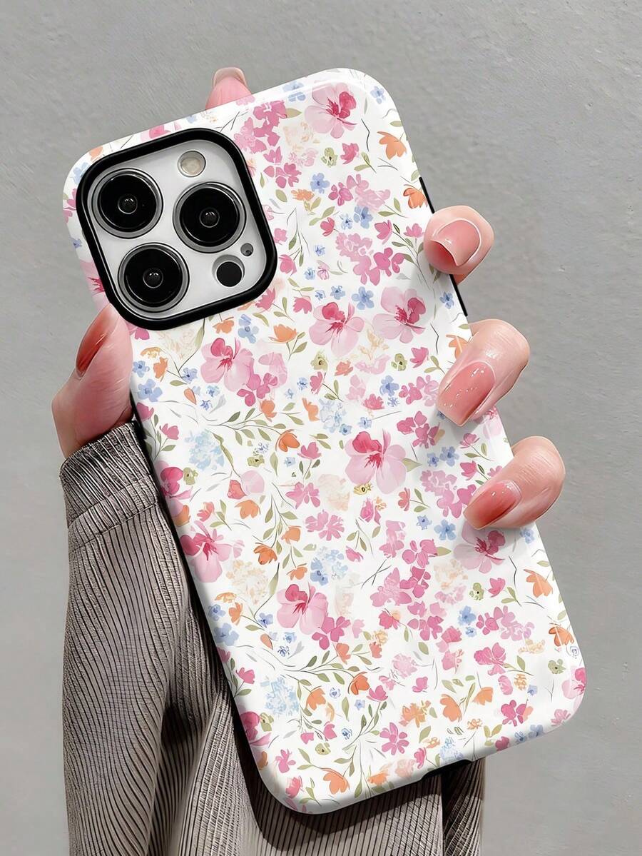 Floral Pattern 1-Piece Romantic Spring Floral Pattern Glossy 2-In-1 Film Hard Phone Case, Compatible With Samsung/11/12/ IPhone13/14/15/ IPhone16/ IPhone17 Pro Max - 白色5 - 查看 1