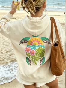 Tropical Sea Turtle Sunset Floral Print Girls Hoodie, Casual Loose Pullover Sweatshirt - Apricot - View 1