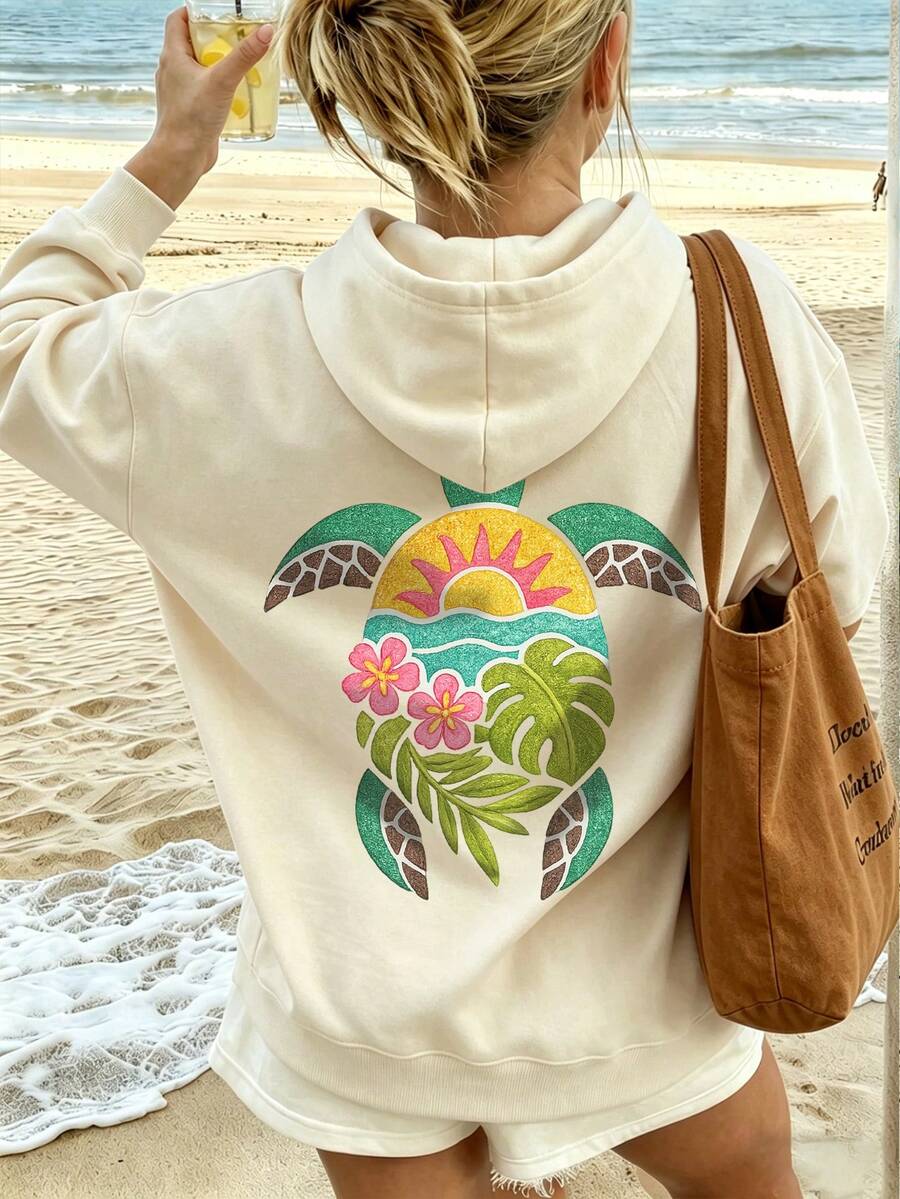 Tropical Sea Turtle Sunset Floral Print Girls Hoodie, Casual Loose Pullover Sweatshirt - Apricot - View 1
