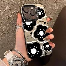 Black Flower Case Suitable For Apple 15 Pro Max,  16 Pro, Beautiful 14 Pro, Floral 17, Cute - 彩銀殼-綠色-黑色花瓣 - 查看 7