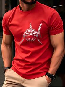 Camiseta de hombre, camiseta deportiva de verano para hombre, tejido de punto microelástico, camiseta estampada, corte regular, ropa microelástica, camiseta con estampado gráfico, estilo cas - Rojo - Ver 1