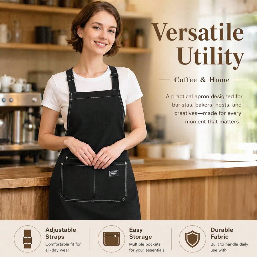 1pc High-Quality Durable Polyester Canvas Apron - Adjustable Neck And Front Pocket Design - Suitable For Kitchen, Coffee Shop, Restaurant - Neutral Workwear (Black And Brown) - Kitchen Supplies - Multicolor - View 1