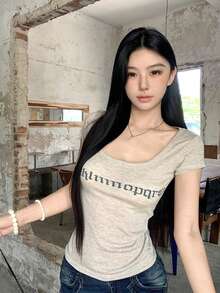 女款字母印花休閒百搭日常穿著夏季T恤 - 卡其色 - 查看 6