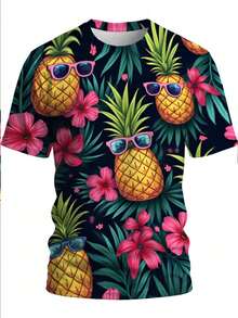 Camiseta de Hombre con Estampado Tropical de Piña y Frutas - Fondo Oscuro, Manga Corta, Cuello Redondo, Diseño Casual con Piñas Coloridas y Motivos Florales, Lavable a Máquina, Adecuada para - Negro - Ver 2