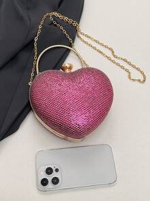 1 Buah Tas Clutch Malam Bentuk Hati Berkilau dengan Gesper Cincin Berlian Imitasi dan Tali Rantai Logam Tipis, Tas Selempang Pesta Pernikahan Gaya Gadis Manis dan Keren #HeartShapeEveningClutch #GlitterMiniBag #RhinestoneRingClasp #PartyCrossbodyPurse - Berwarna merah muda - View 11