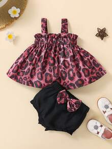 Spring/Summer Baby Girl 2-Piece Set, Dark Brown Leopard Print Camisole Top + Black Bow Knotted Diaper Cover - Hot Pink - View 1