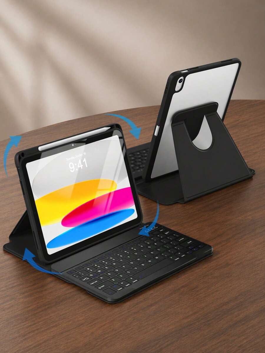 360°可旋轉鍵盤保護殼，相容 iPad 11 吋 (A16) 2025 與第 10/9/8/7 代：可拆卸式磁吸無線鍵盤，相容 iPad Air 3/4/5/6/7/8，多角度支架附筆槽－黑色