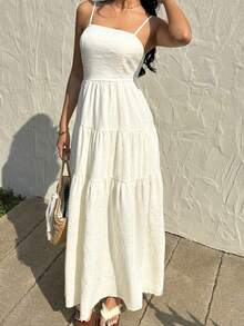 Vestido con escote de tubo plisado de tela texturizada color melocotón claro, con tirantes finos, cintura suelta, estilo relajado para vacaciones - Azul menta - Ver 4