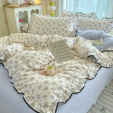 鄉村風花卉蕾絲飾邊被套組 3/4 件套，柔軟舒適臥室床上用品，黑色滾邊與荷葉邊設計，透氣柔軟四季通用床上用品套裝，包含 1 件被套、1 件床單、1/2 件枕套，不含填充物，適用於宿舍、臥室、居家使用，多種尺寸可選 - 淺藍色 - 查看 8