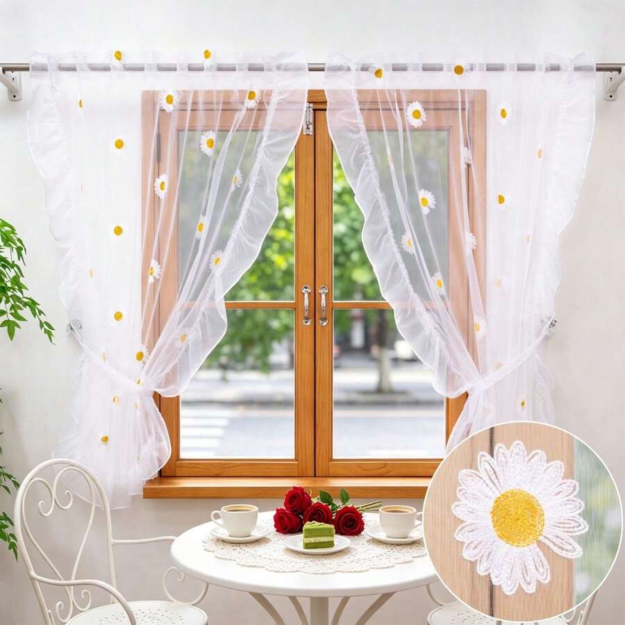 FLYINGCURTAINS 1PC Ruffle Edge Daisy Embroidered Sheer Curtain, Light Filter Semi-Transparent Voile, Rod Pocket Easy Install, For Kitchen, Cafe Decoration, Sweet Housewarming Gift