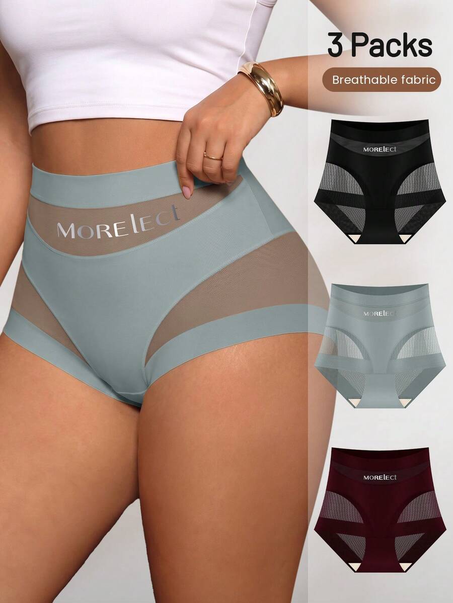 3pcs High Waist Tummy Control Plus Size Women's Panties, Breathable Mesh, Criss-Cross Tummy Control, Ice Silk Seamless, Shaping & Butt Lifting