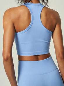 UONNOU Women's Ribbed Seamless I-Shaped Racerback Crop Tank Top, Round Neck Slim Fit Low Impact Yoga Workout Sports Vest - Blue - View 7