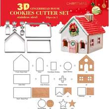10-Piece 3D Gingerbread House Cookie Mold Set, Christmas Baking Kit With Stainless Steel Molds, Perfect For DIY Cookies, Pastries, And More. Easy To Assemble, Dishwasher , Ideal For Crafts And Gift Wrapping. - Silver - View 9