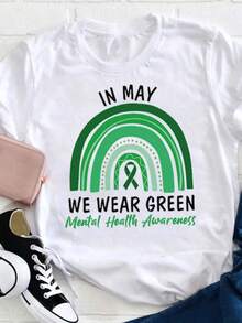 Camiseta de Concienciacin sobre la Salud Mental para Mujeres - Camiseta del Mes de Concienciacin de Mayo con Lazo Verde, Eslogan "En Mayo Usamos Verde" y S■mbolos de Neurodiversidad, Ca - Blanco - Ver 2