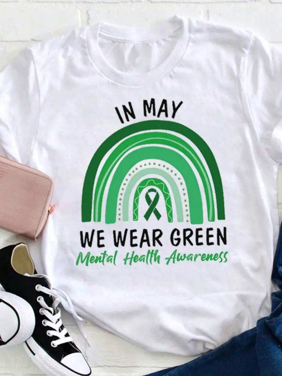 Camiseta de Concienciaci￳n sobre la Salud Mental para Mujeres - Camiseta del Mes de Concienciaci￳n de Mayo con Lazo Verde, Eslogan "En Mayo Usamos Verde" y S￭mbolos de Neurodiversidad, Ca