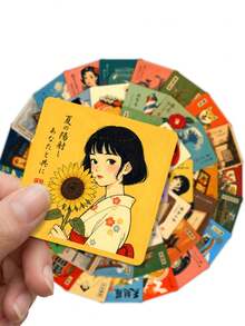 50pcs Light Academy Style Japanese Retro Material Stickers, Ukiyo-E Reading Lady Cat Traditional Landscape Waterproof Stickers, Suitable For Junk Journal, Book Lovers Decoration - Fresh and Clean - View 3