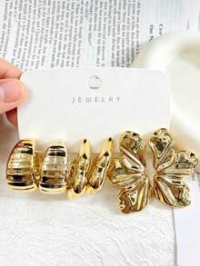 1 Pair - 9 Pairs New Summer Gold Jewelry Earring Set, Featuring Iris, Large Bow, Left And Right Ear Floral Design, Suitable For Women's Daily, Party, Gathering, Vacation Wear. - Yellow Gold - View 8