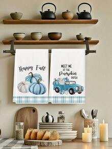 2pcs Autumn Kitchen Towels Kitchen Cloths Polyester Hand Towels With Blue Checkered Pumpkin Truck Pattern Super Soft Woven Dishcloths Machine Washable Ideal For Holiday Gifts & Home Decor - Blue and White - View 2