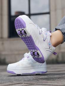 Girls' 4-Wheel Roller Shoes, New Children's Roller Skate Sneakers, All-Season Mesh Upper Lightweight Durable Roller Shoes, Fashionable Hook And Loop Adjustable Dual-Wheel Hidden Roller Shoes, Removable Wheels, 2-In-1 Roller Skate Shoes, Inline Skate Shoes, Sports Shoes With Wheels For Teenagers - Violet Purple - View 9