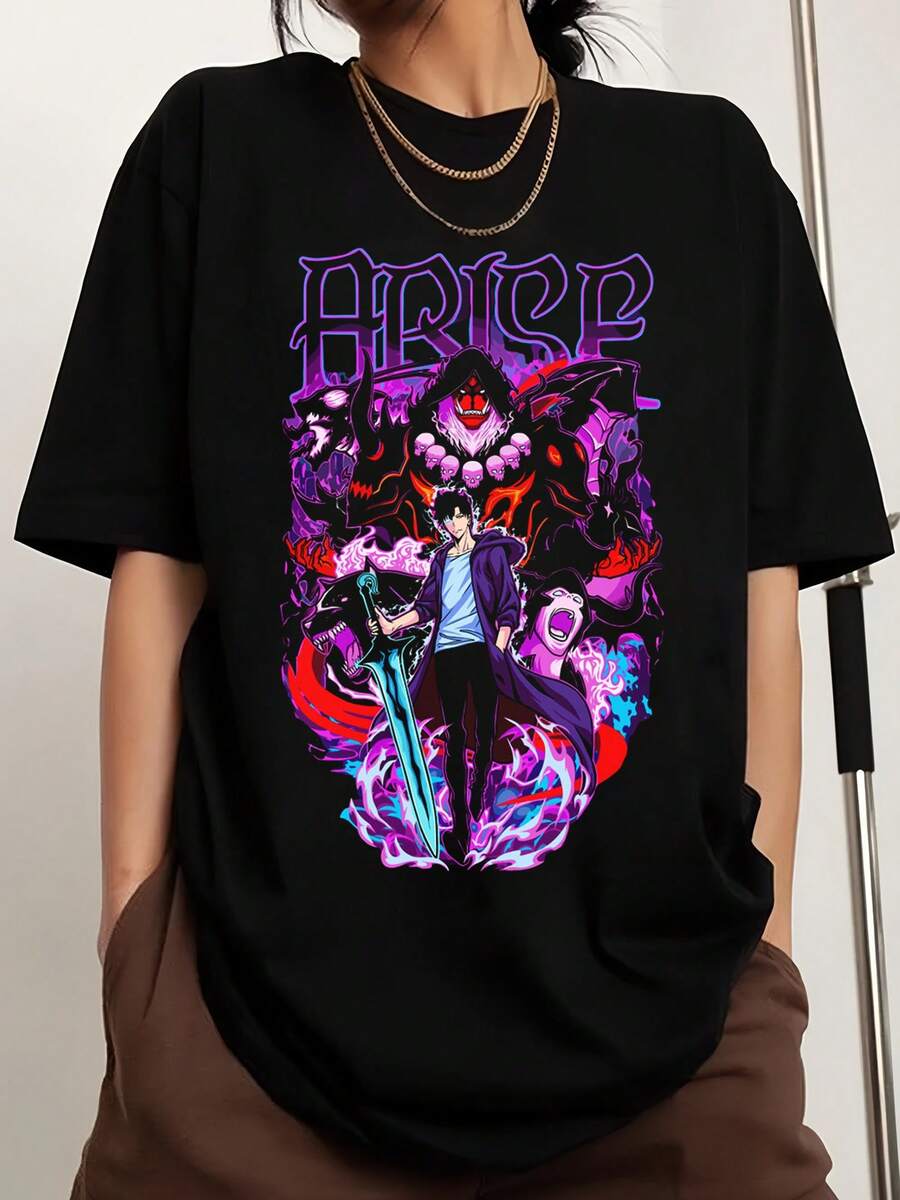 Solo Leveling Arise Sung Jinss-Woo T-Shirt Shadow Monarch Anime Graphic T-Shirt.Png - 黑色 - 查看 1