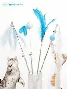4pcs Feather Decorated Cat Teaser Sticks With Bells, Interactive Cat Toys, Fairy Cat Teaser Toys, With Durable Feather, Long Handle Cat Teaser Sticks With Bells, Self-Entertainment - Multicolor - View 1