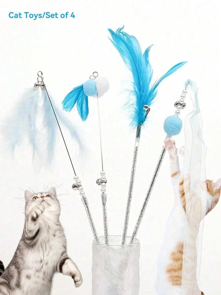 4pcs Feather Decorated Cat Teaser Sticks With Bells, Interactive Cat Toys, Fairy Cat Teaser Toys, With Durable Feather, Long Handle Cat Teaser Sticks With Bells, Self-Entertainment - Multicolor - View 1