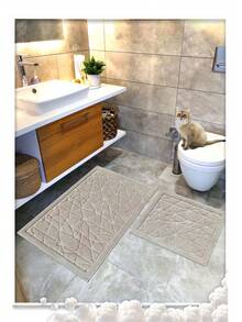 Cotton Woven Absorbent Bath Mat Set, Glass Pattern Bathroom Rug Set 60x100 Cm - 60x50 Cm - Beige - View 2
